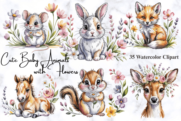 Download Cute Baby Animals with Flowers Clipart - Premium Resources